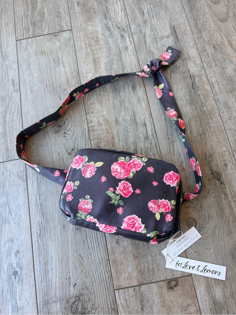 NWT For Love & Lemons Floral Rose Black Brown Belt Bag Crossbody Bag
